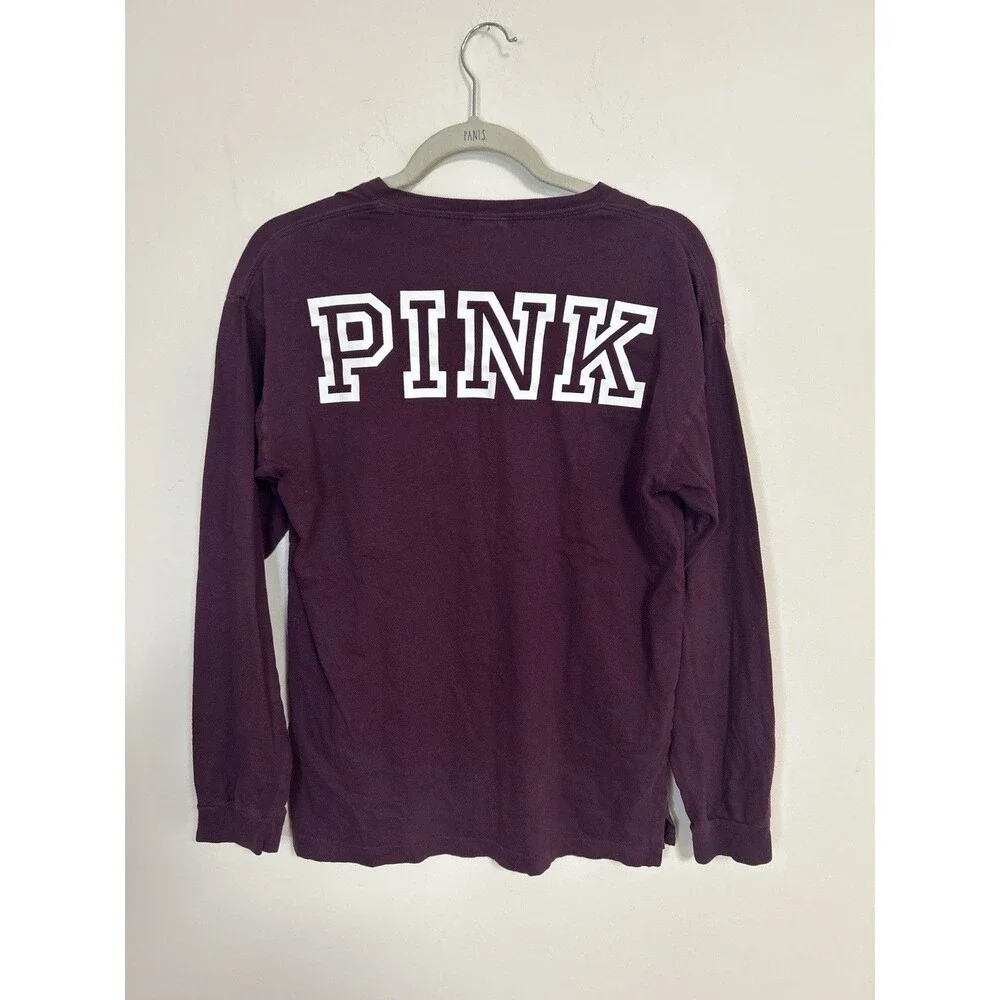 Victoria’s Secret PINK XS Purple Long Sleeve Pocket Tee Logo Back 100% Cotton
